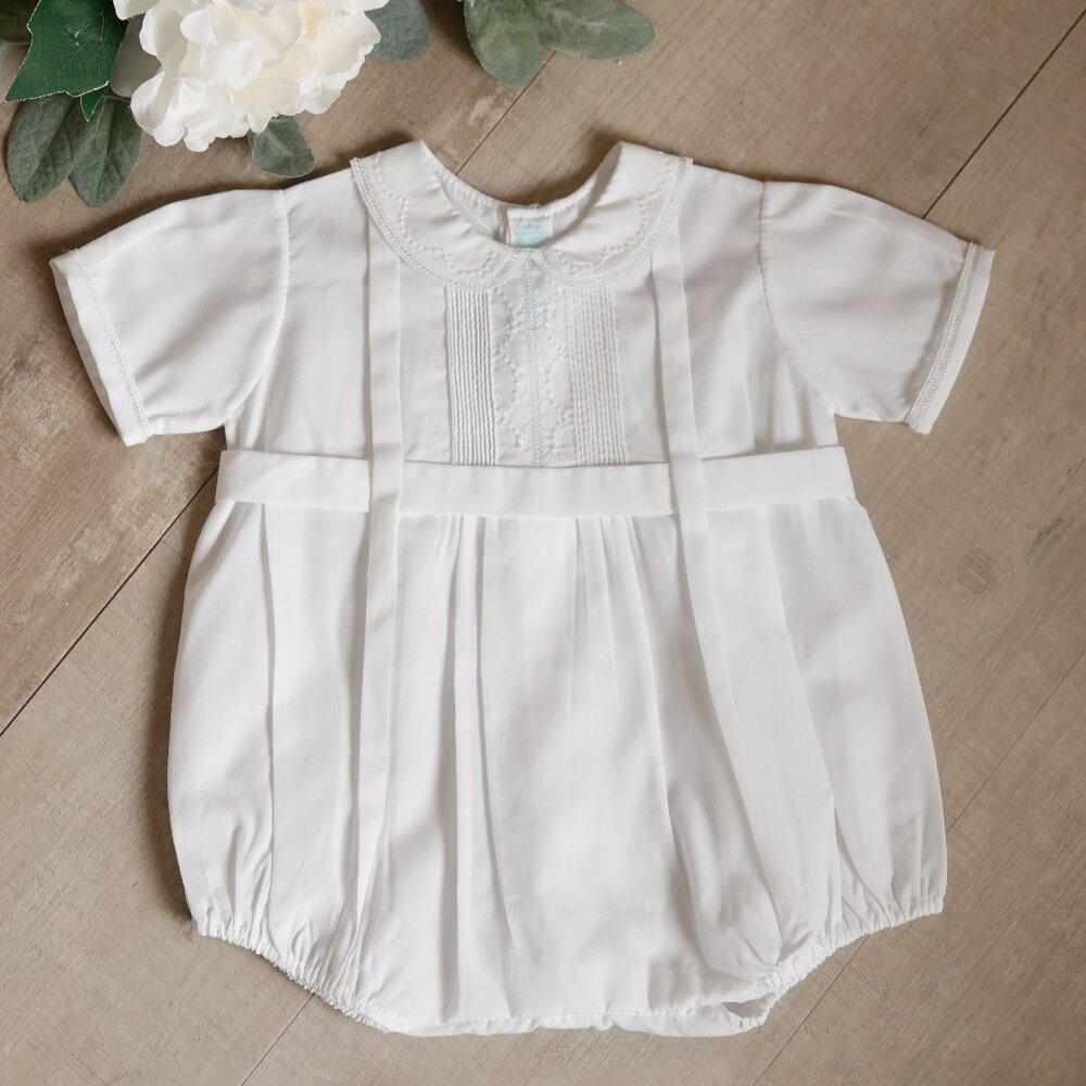Vintage White Belted Creeper Romper Feltman Brothers Newborn SPECIAL COLLAR